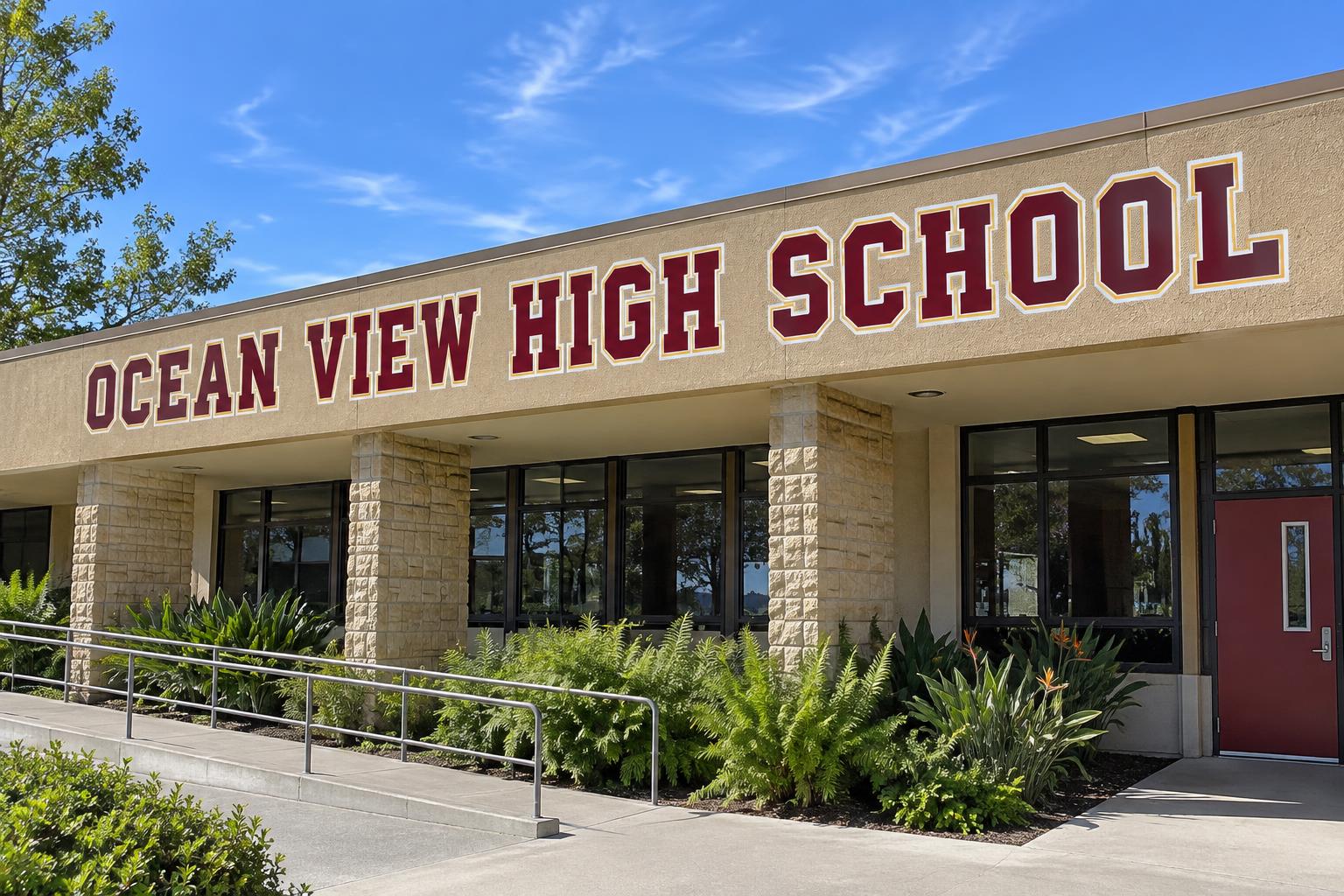 Front of the Ocean View High School building in Huntington Beach with maroon and gold lettering, stone columns and a covered walkway
